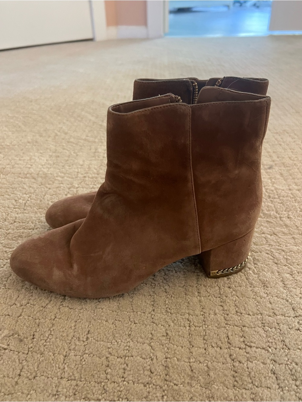 MICHAEL Michael Kors Chestnut Suede Ankle Boots with Chain-Trim Heel